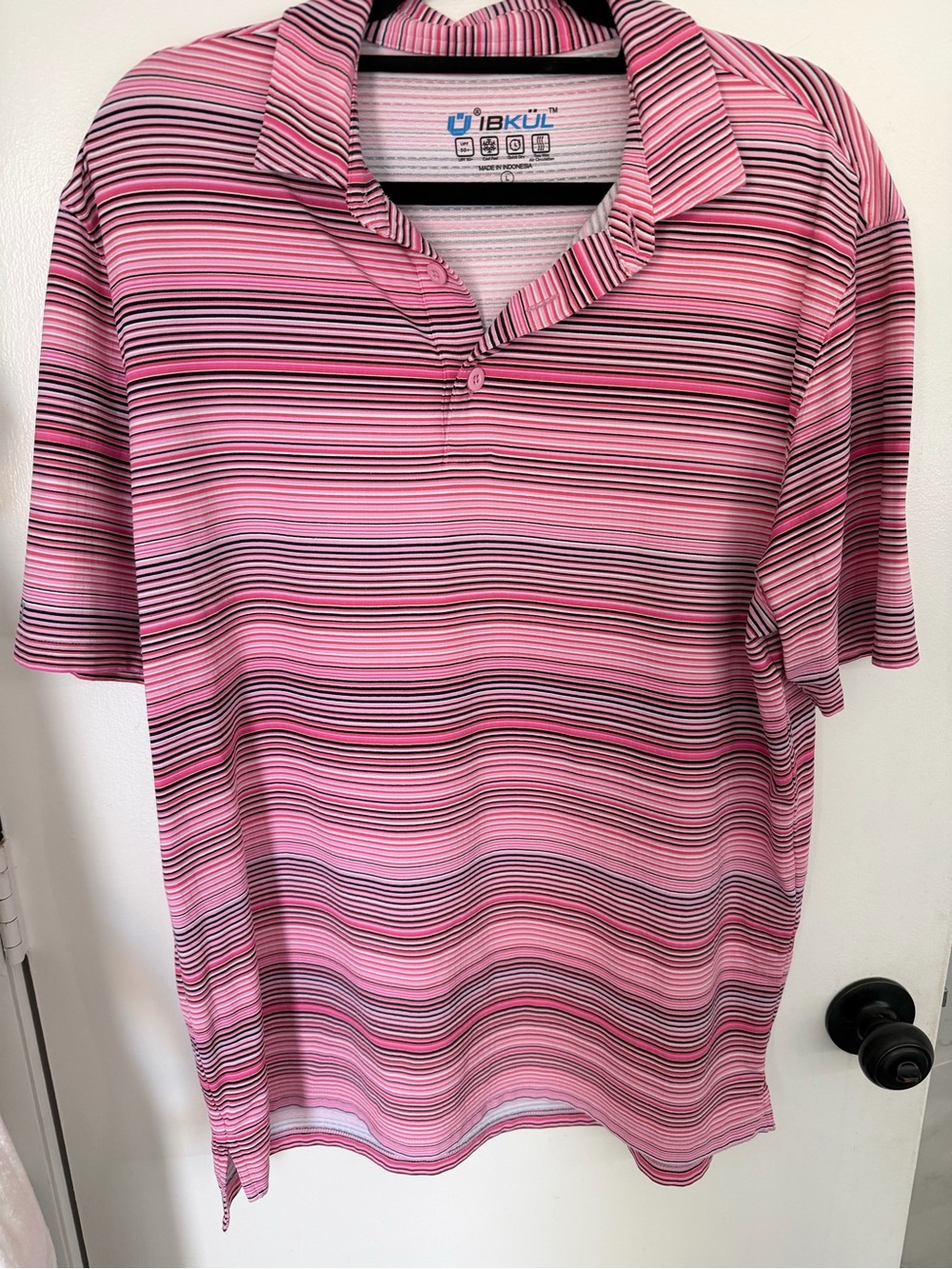 IBKUL Men’s Pink and Black Striped Polo Shirt performance stretch golf Sz L